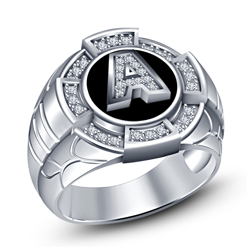 Initial Letter &quot;A&quot; Men&#39;s Signet Ring Rd White CZ 925 Silver In White Gold Finish on Luulla