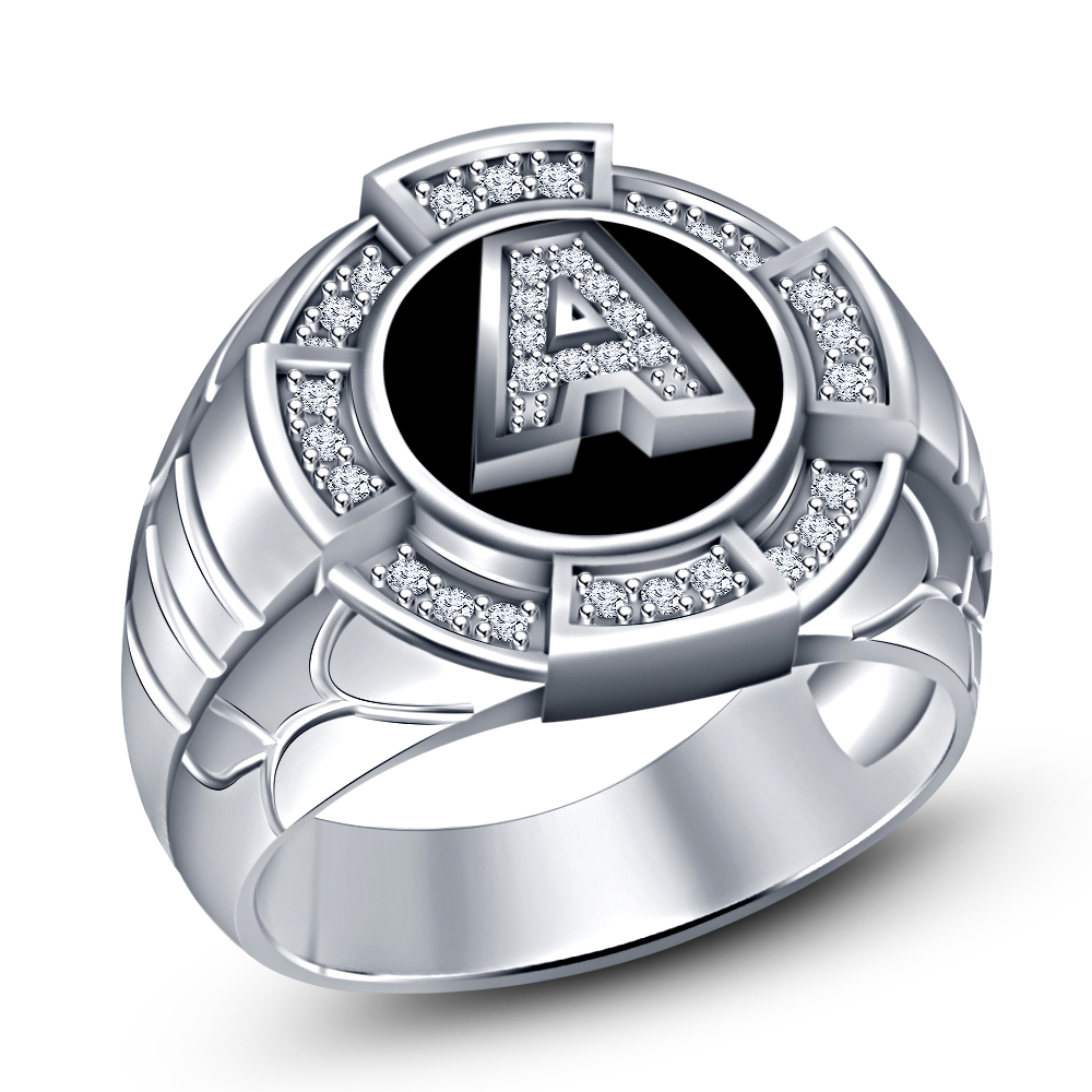 Initial Letter "A" Men's Ring Rd White CZ 925 Silver In White